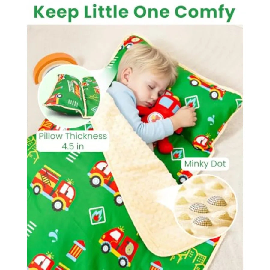 Toddler Nap Mat with Pillow and Minky Blanket Large 55"x38" Sleeping Bag Washable Lightweight Easy to Roll Perfect for Preschoo