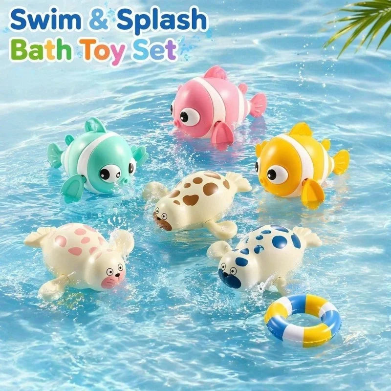 5 Pack Wind‑Up Bath Toys, Swimming Clownfish & Seal Floating Water Toy, No Battery Bathtub Pool Play Set for Toddlers Baby Boys Girls 12M+