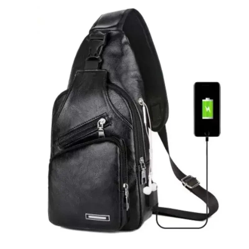 Mens Multifunctional USB Charging Crossbody Chest Bag in Microfiber Leather