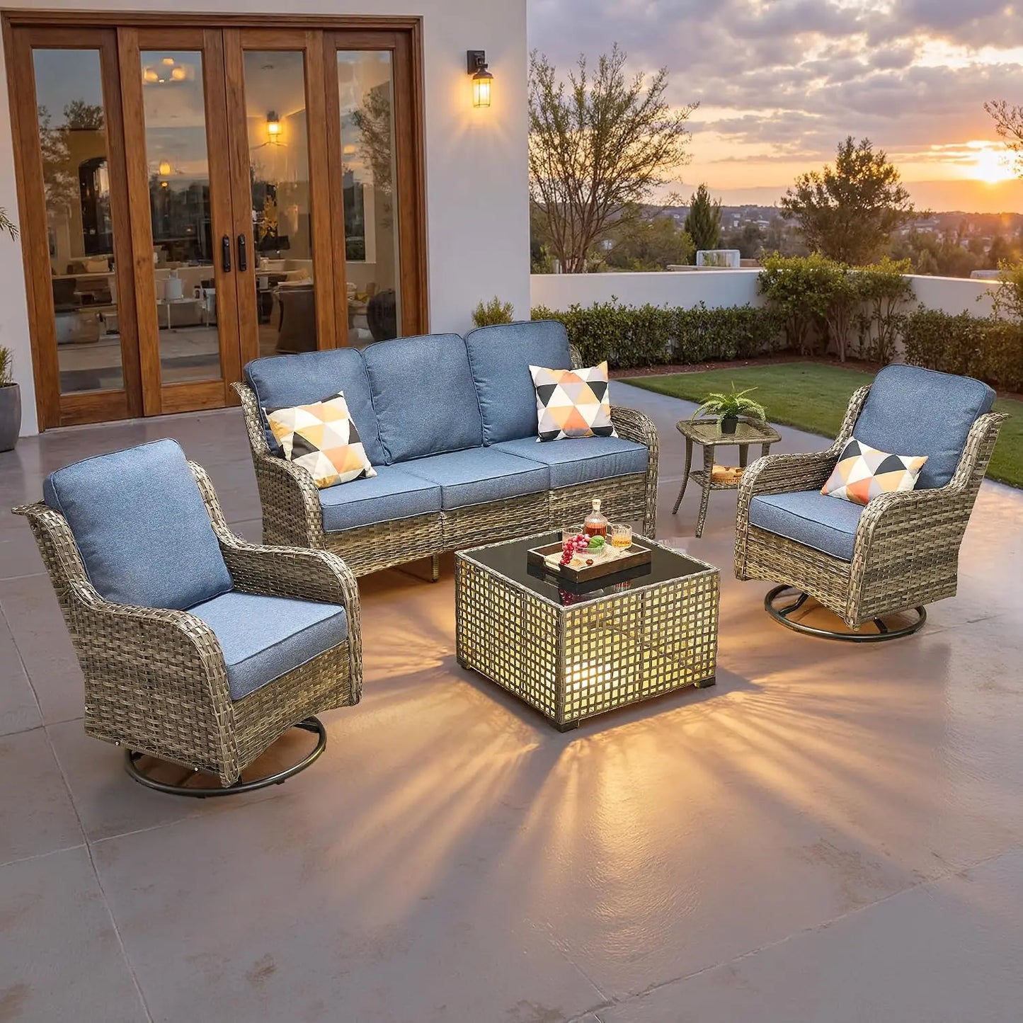 5-Piece Wicker Patio Set with Swivel Chairs & Side Table, High Back Outdoor Sofa with Cushions for Garden, Grey/Blue, Custom