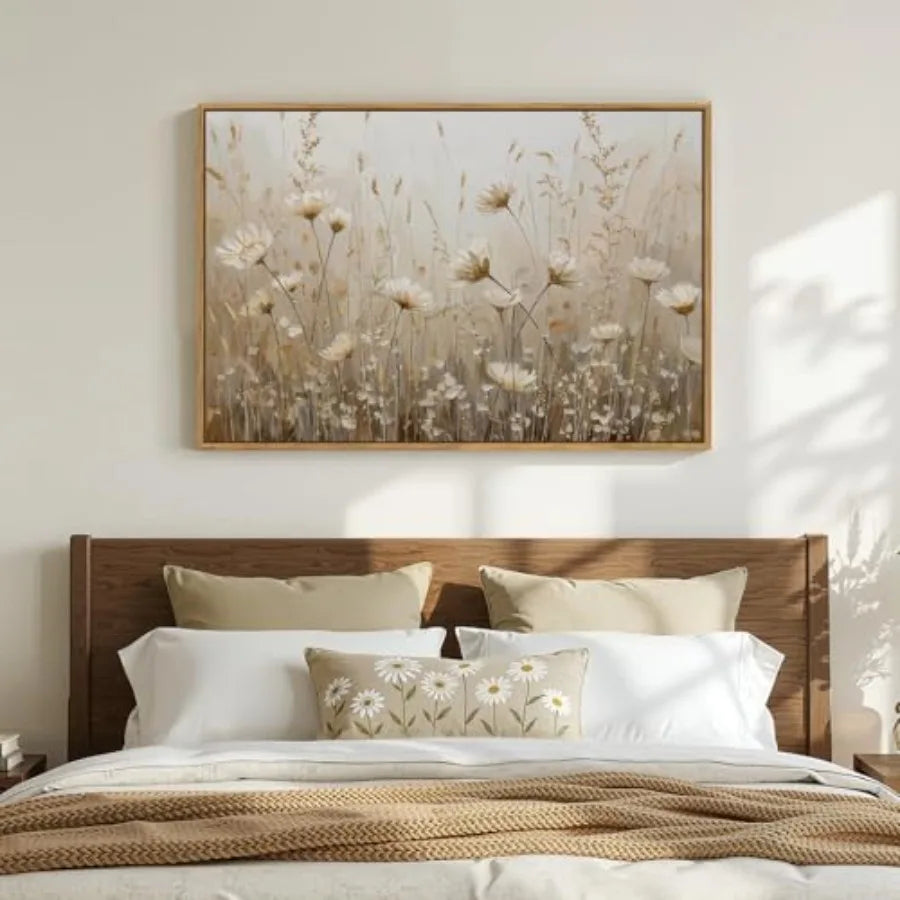 Vintage floral wall art for modern farmhouse living room, canvas print in white and gold tones, rustic botanical wildflower des