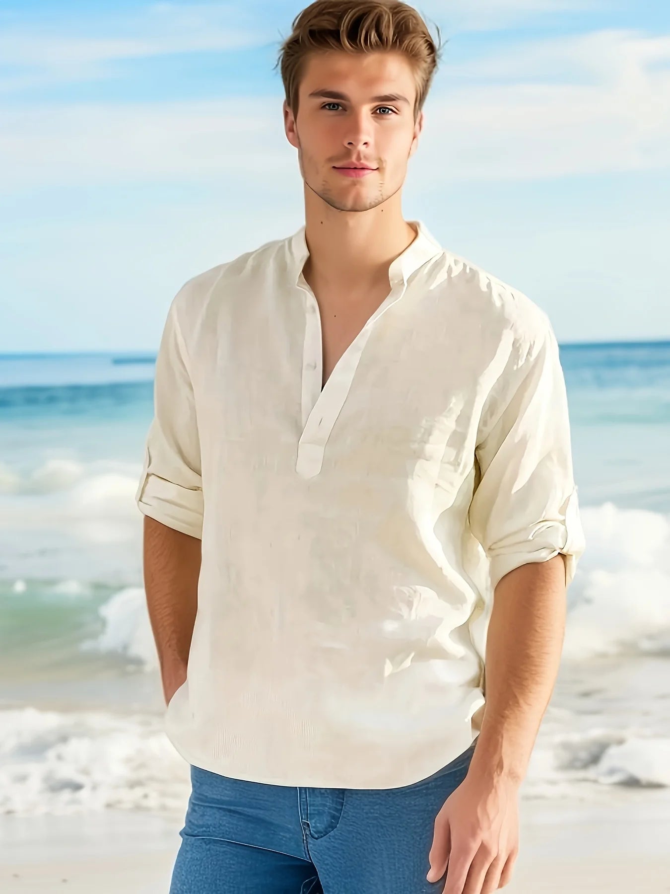 Men's Linen Cotton Long Sleeve Stand Collar Casual Shirt