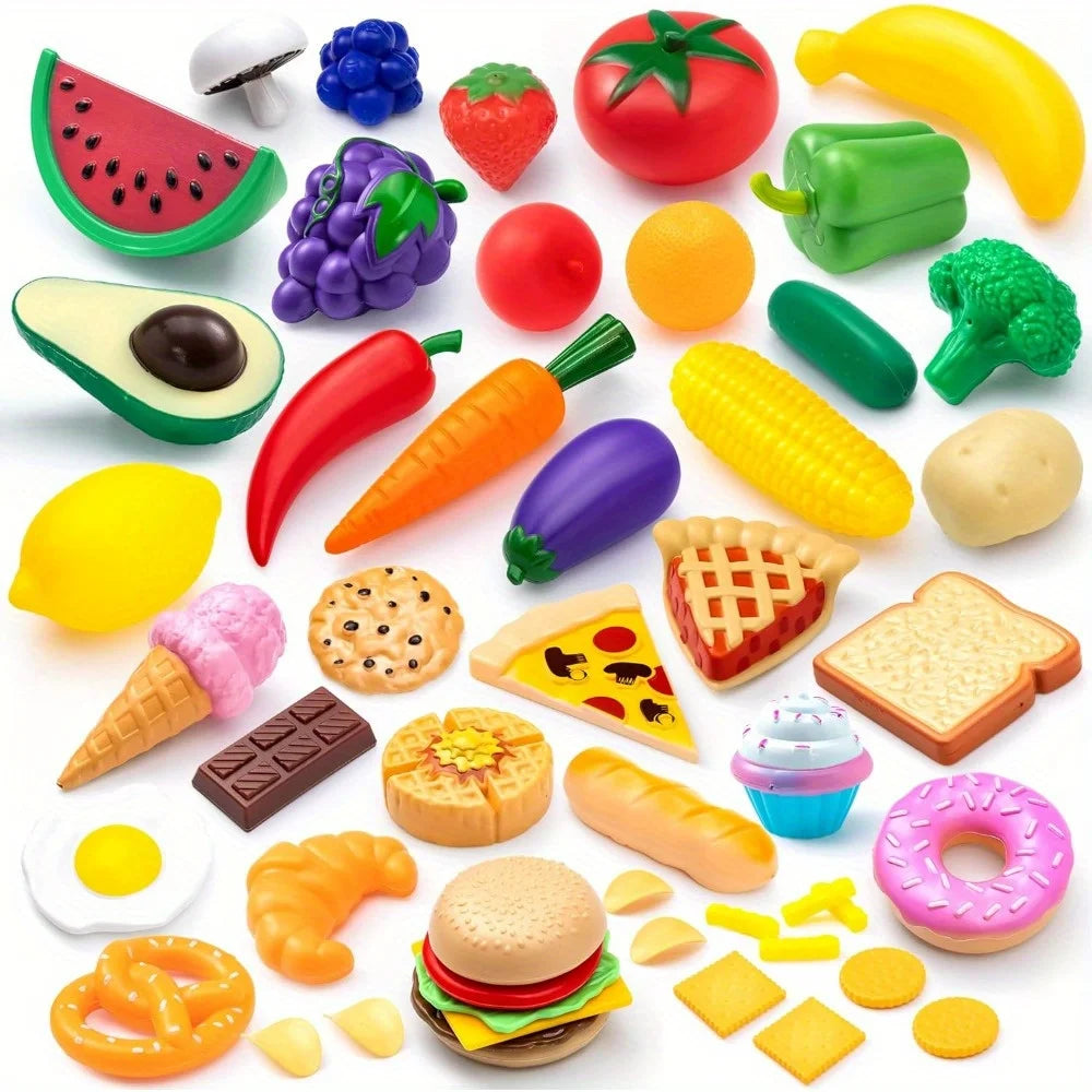 JOYFY 50 Pcs Kitchen Toys Kit Dinnerware Dummy Fruits Vegetables Plastic Accessories for Children Christmas Birthday Gift.