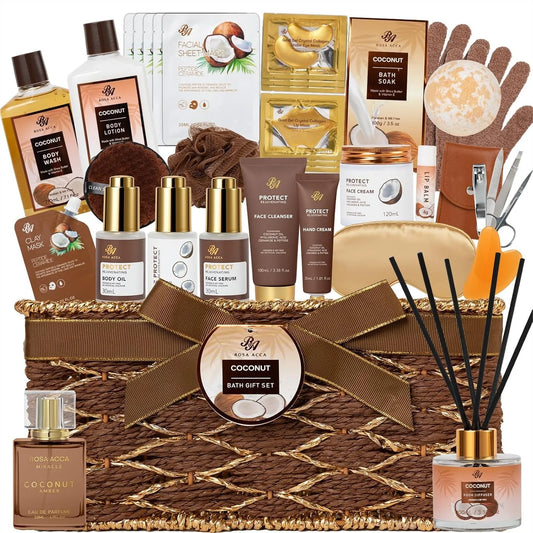 35 Pcs Coconut Vanilla Spa Gift Basket for Women & Men, Face Skin Care Set, Bath Body Set, Self Care Pamper Kit