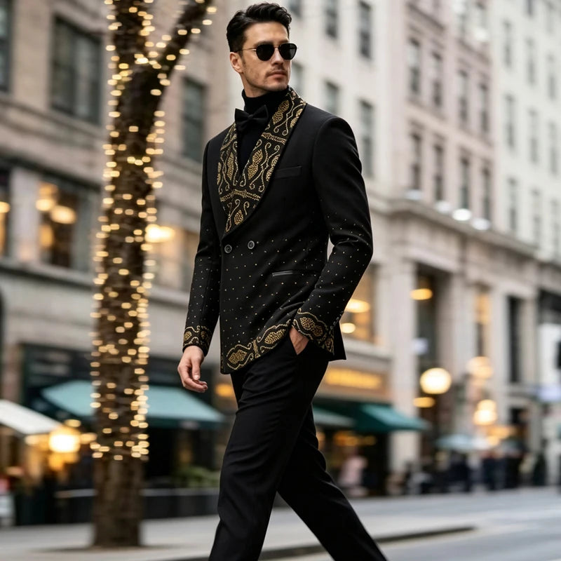 Men's 2‑Piece Tailored Paisley Rhinestone Tuxedo Suit Set‑ Slim Fit Shawl Lapel Long‑Sleeve Suit Jacket & Pants, Formal Outfit for Weddings & Parties