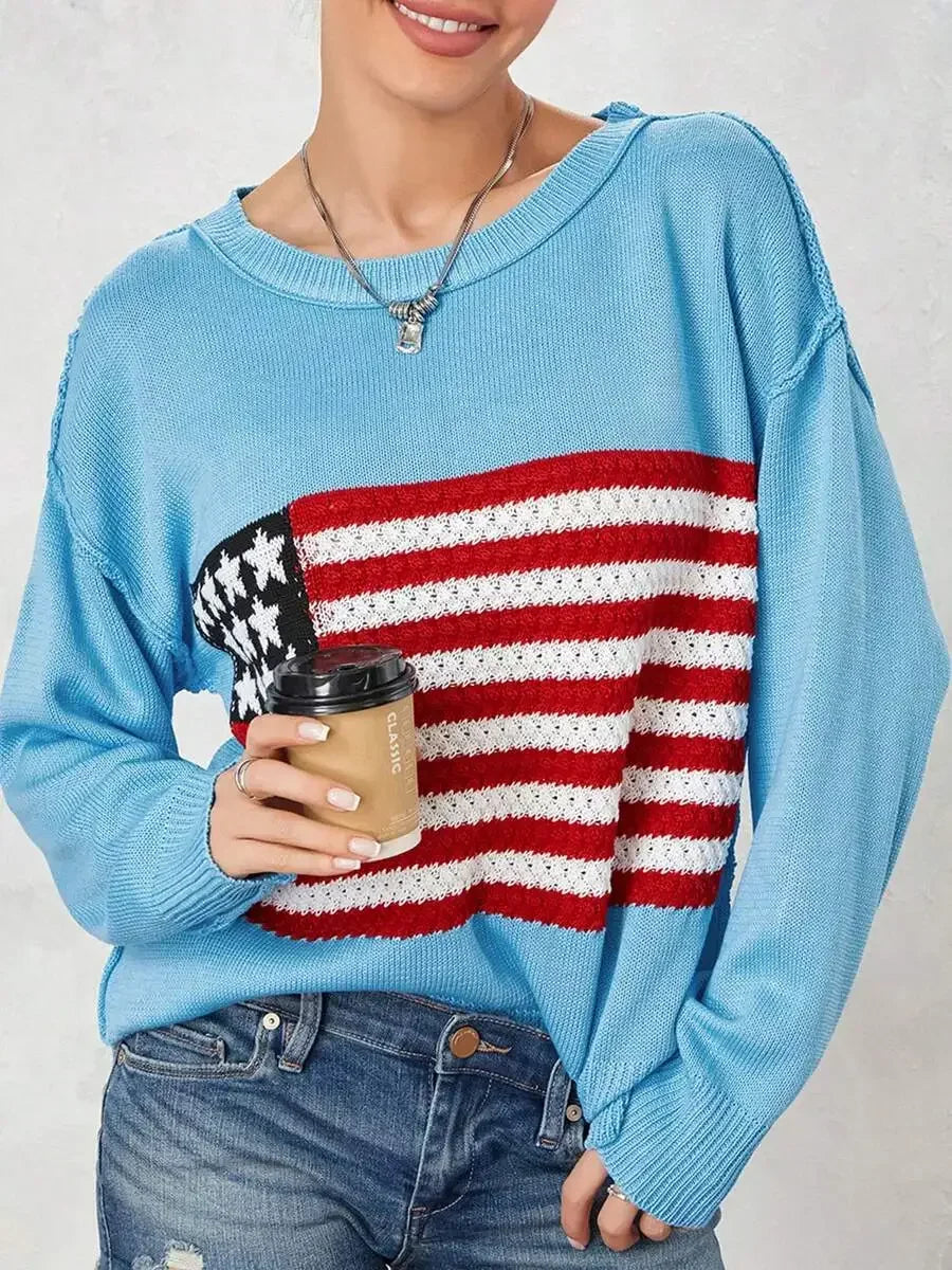 Women American Flag Knit Sweater Long Sleeve Loose Pullover Casual Streetwear Y2k Vintage