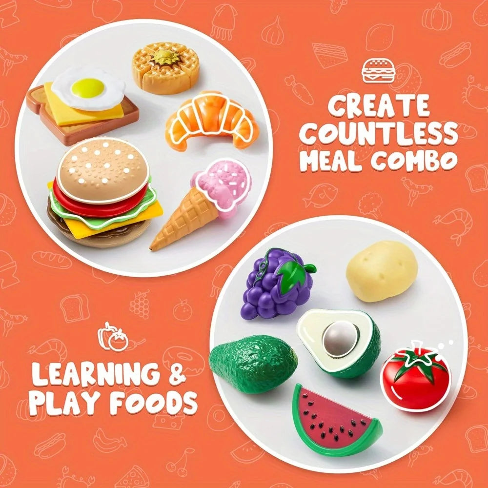 JOYFY 50 Pcs Kitchen Toys Kit Dinnerware Dummy Fruits Vegetables Plastic Accessories for Children Christmas Birthday Gift.