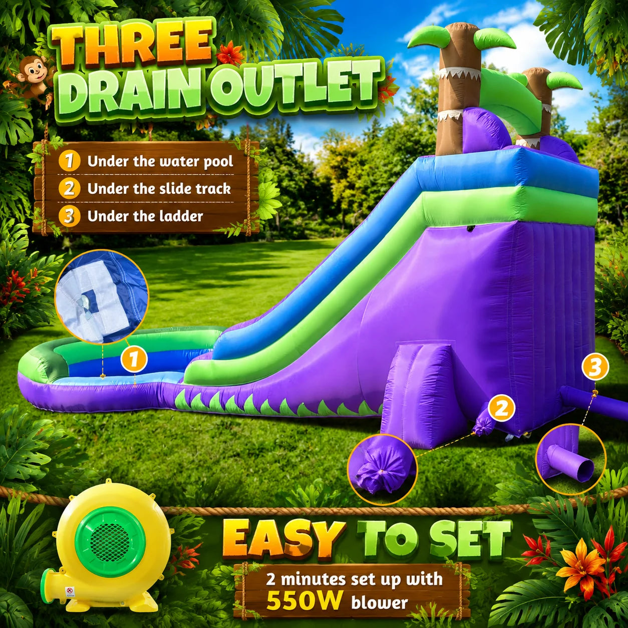 Tropical Rainforest Oxford Water Slide for Summer Parties Backyard Splashes Cooling Games Family Outdoor Inflatable Fun
