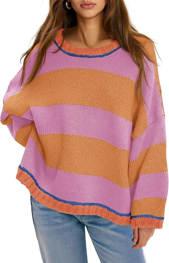 Fisoew Womens Oversized Sweaters Casual Long Sleeve Striped Color Block Crewneck Knitted Loose Fall Pullover Tops