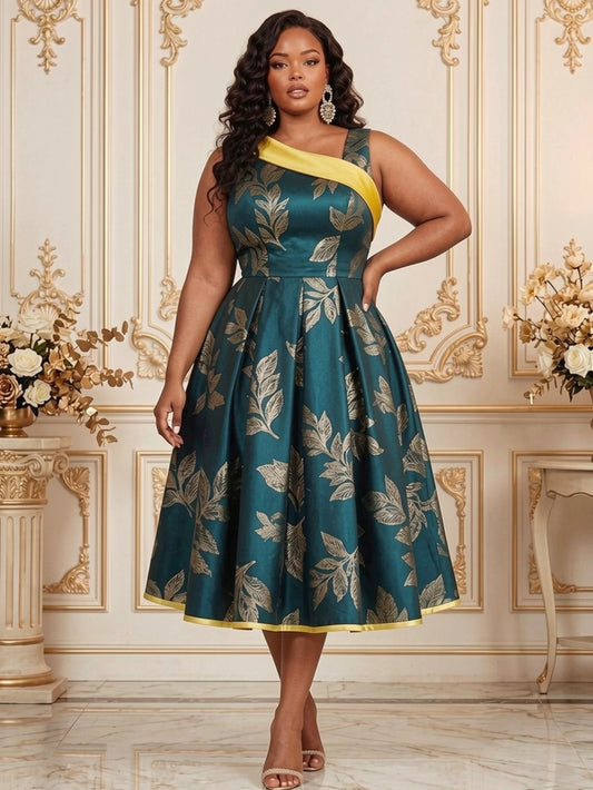 Women's Plus Size Sleeveless Color Block One Shoulder Gold Leaf Print Pleated Midi Dress For Wedding Guest Church Evening Formal Occasions