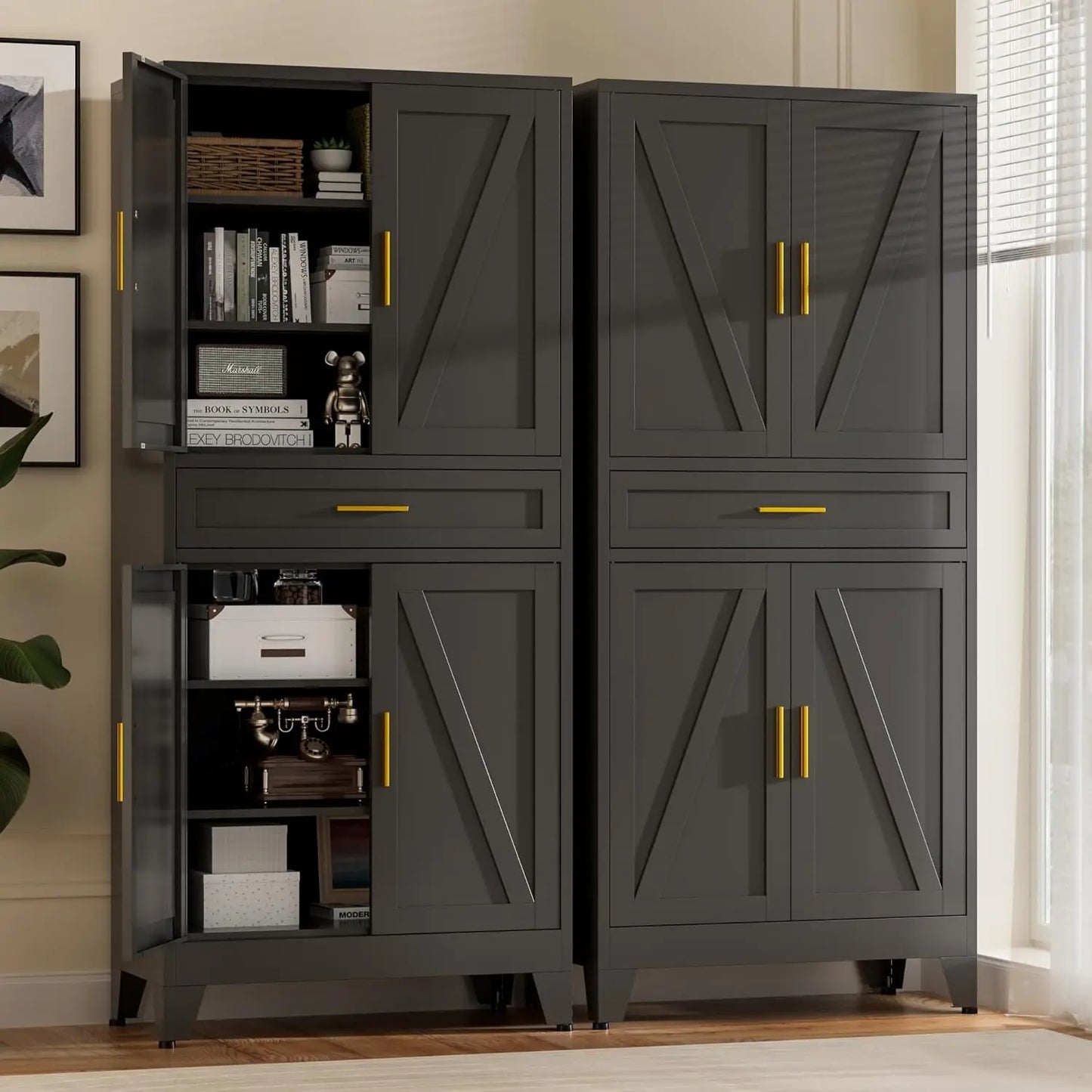 Metal Storage Cabinet With Drawer And Adjustable Shelves Farmhouse Pantry