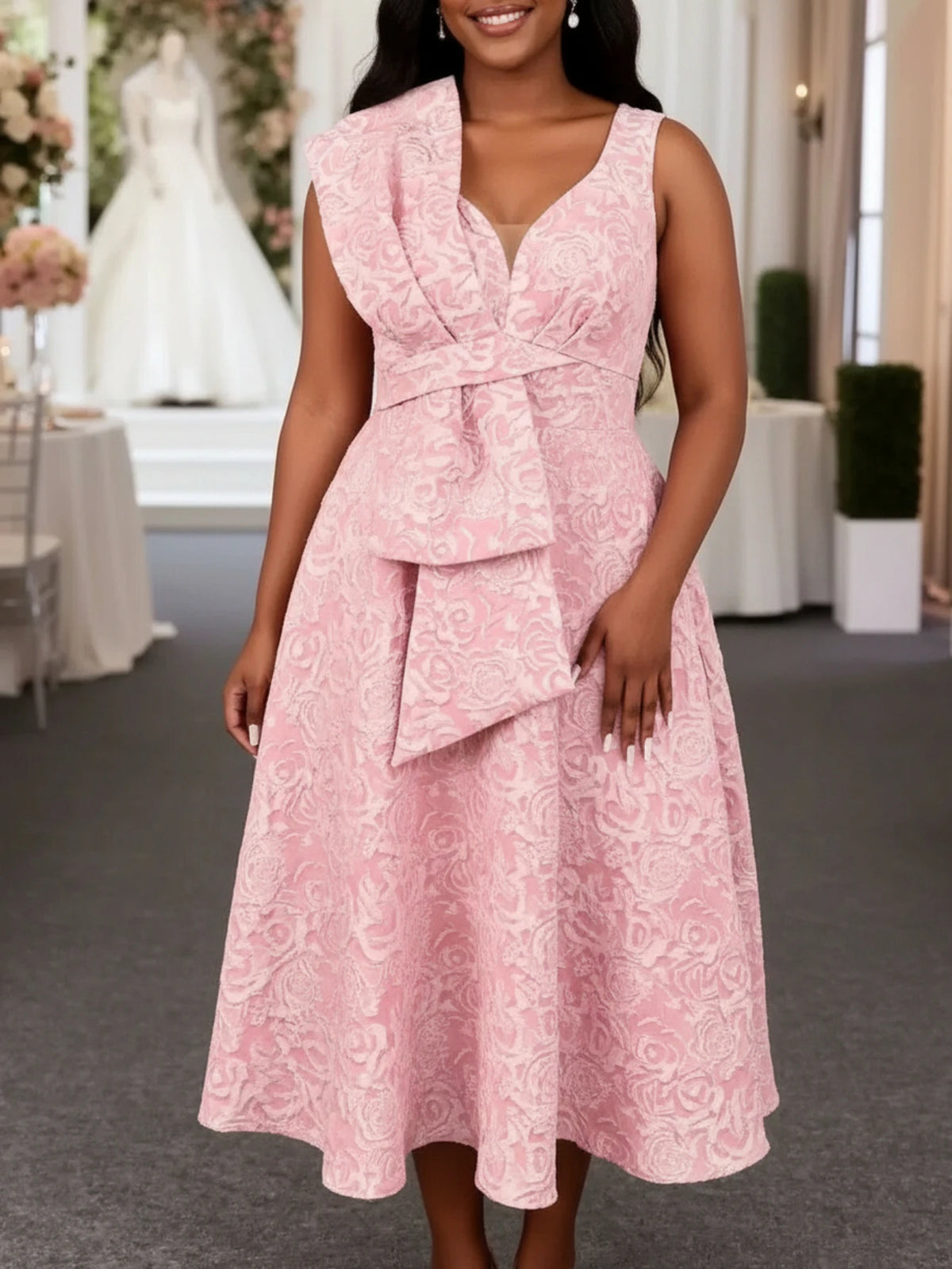 Women Plus Size V Neck Sleeveless Big Bow Decor Midi Dress Elegant A Line Flared Dress For Wedding Guest Formal Occasion