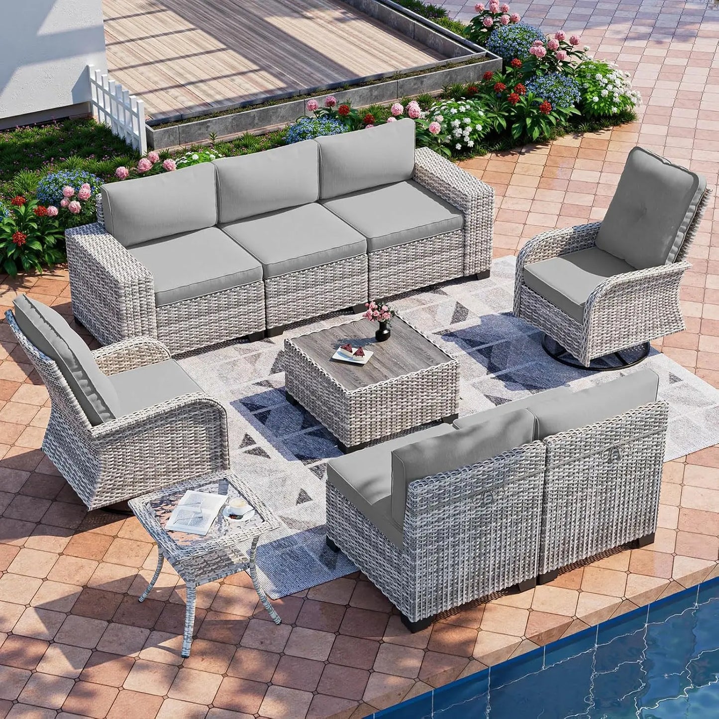 9-Piece Outdoor Patio Furniture Set with Rocking Swivel Chair Wicker Sectional Sofa Set, Patio Conversation Set with, Custom