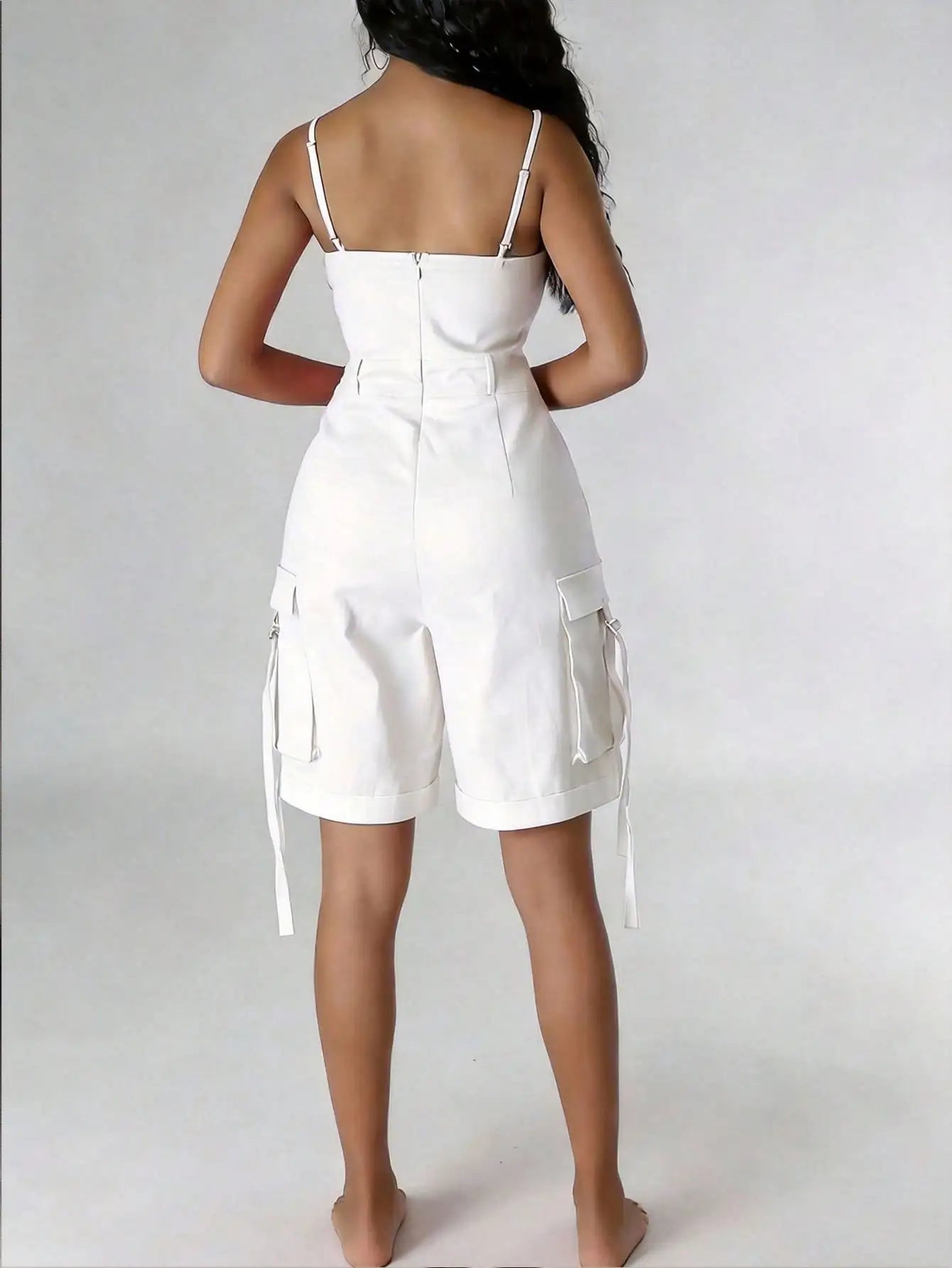 Women Spaghetti Strap Cargo Romper High Waist Knee Length Jumpsuit