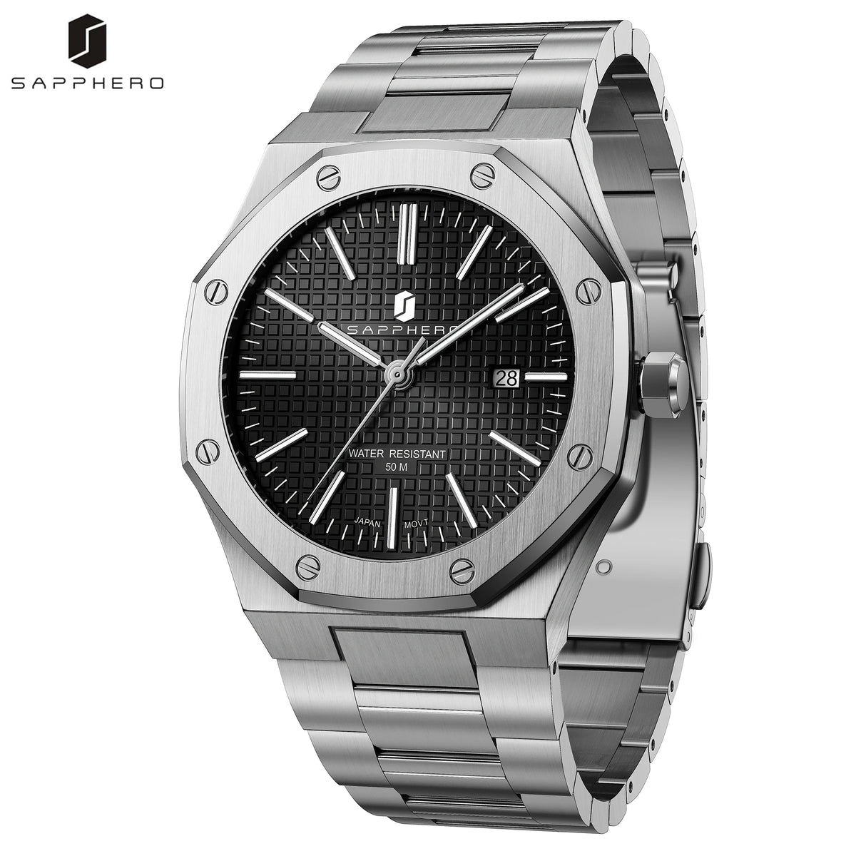 SAPPHERO Men Analog Watch Stainless Steel Quartz Movement Date Display 50M Waterproof Classic Business Casual Wristwatch Gift