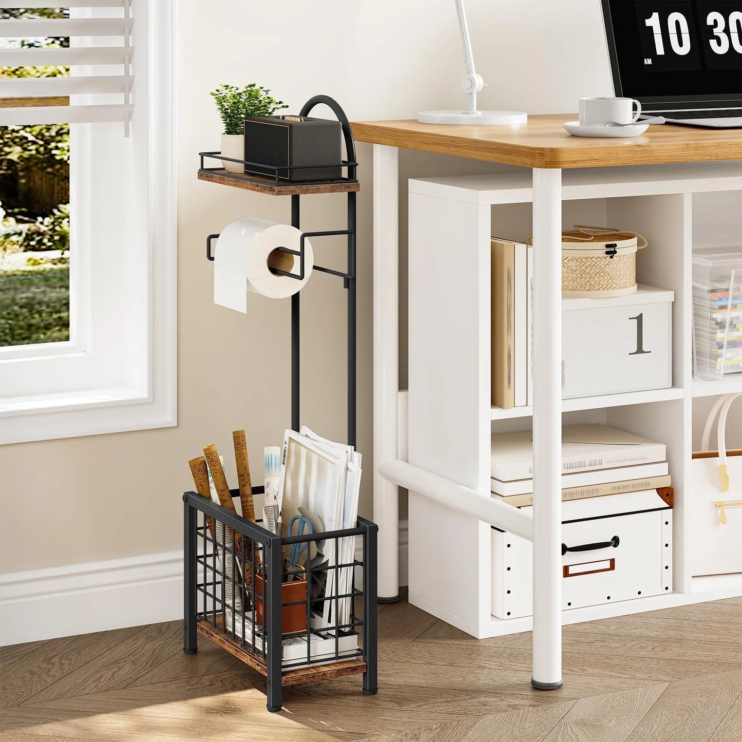 Freestanding Three Tier Bathroom Toilet Paper Holder With Storage Basket