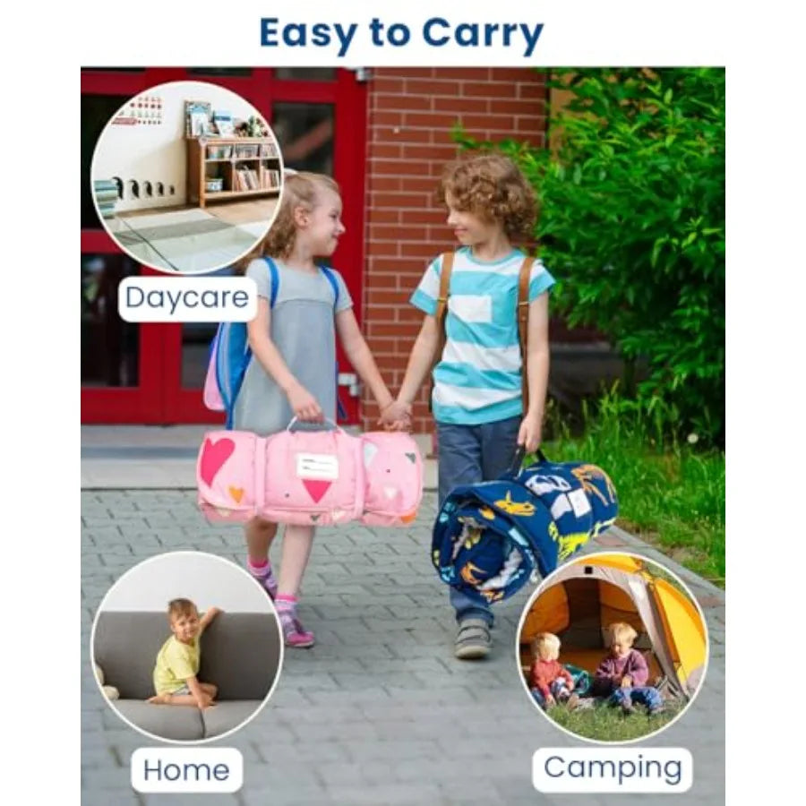 Toddler Nap Mat with Pillow and Minky Blanket Large 55"x38" Sleeping Bag Washable Lightweight Easy to Roll Perfect for Preschoo