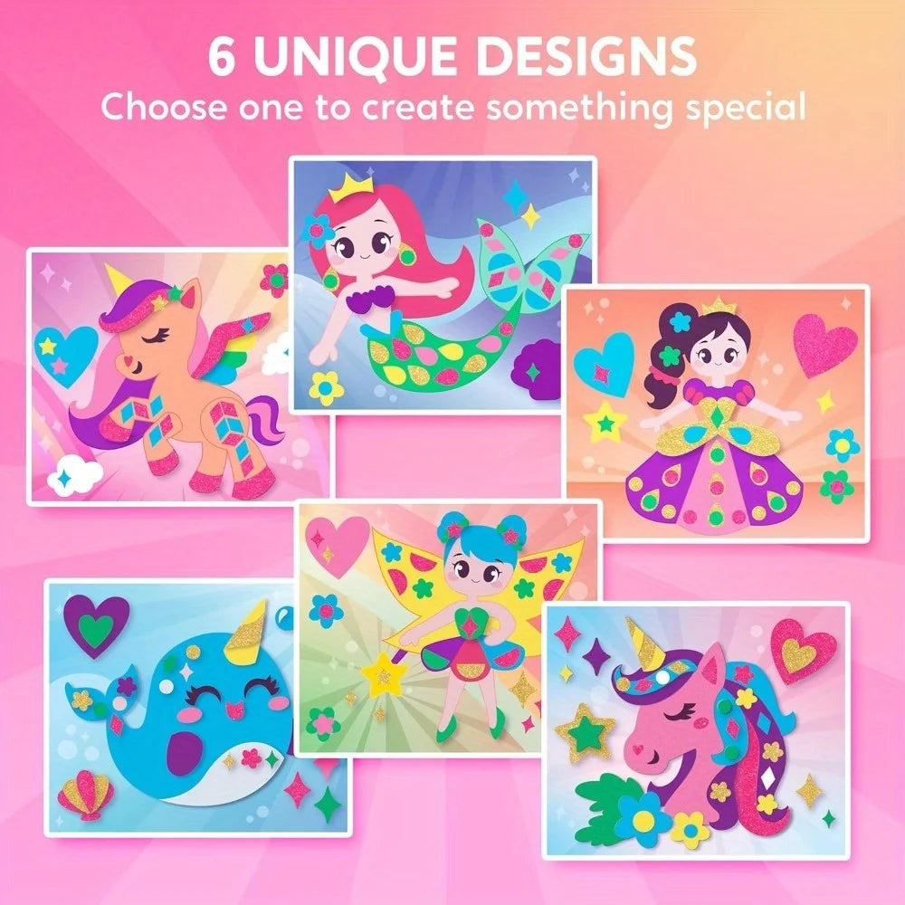 Foam Art Kit for Kids EVA Foam Stickers with 6 Art Board and 800+ Stickers, DIY Arts and Crafts for Boys Girls Age 3+, Unicorns & Princesses Birthday Gifts Travel Toy