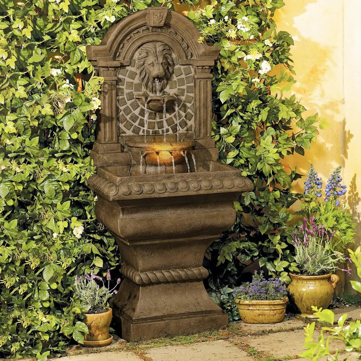51" Tall Faux Stone Tiered Floor Fountain with LED Light, Garden Patio Yard Outdoor Water Feature, Customized