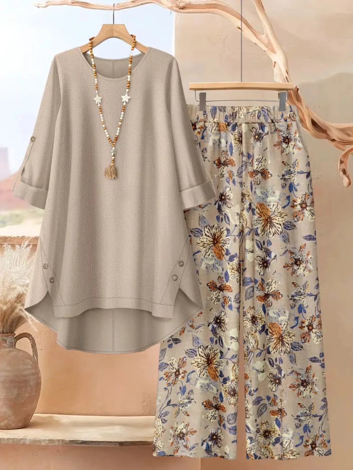 Women Round Neck Long Sleeve Plain Top And Floral Printed Wide Leg Pants For Casual Resort Vacation And Daily Occasion