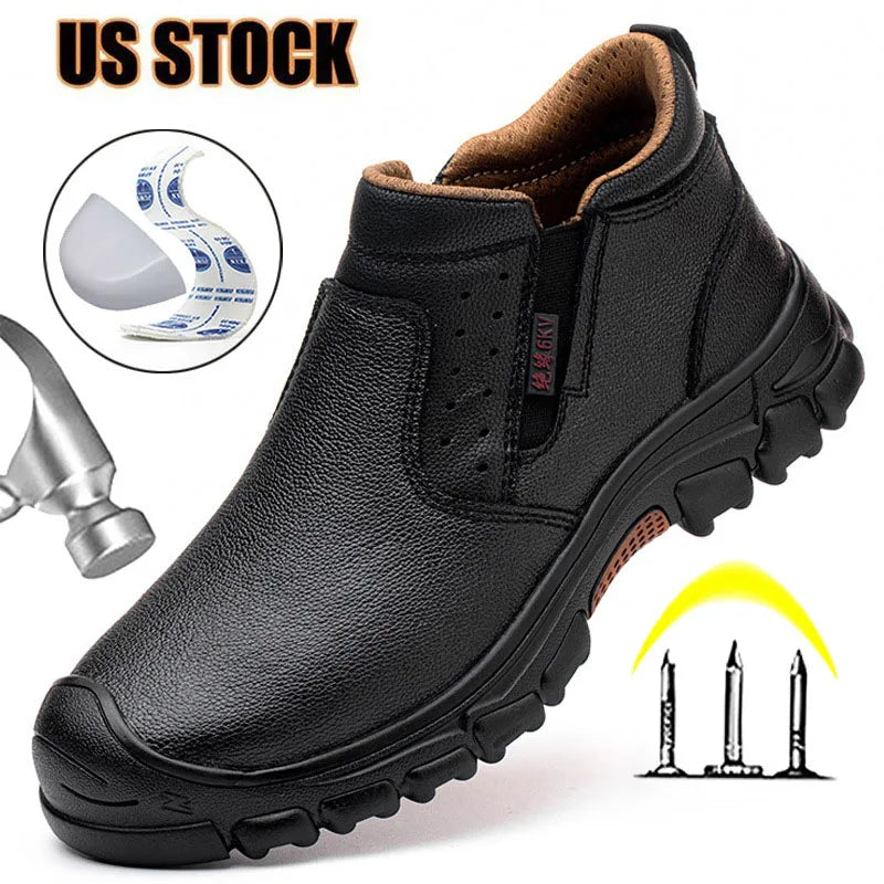 Mens Work Boots Composite Toe Safety Footwear Metatarsal Guard Puncture-Proof Construction Work Shoes Anti-Slip Rubber Outsole