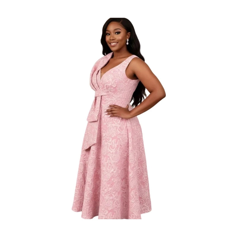 Women Plus Size V Neck Sleeveless Big Bow Decor Midi Dress Elegant A Line Flared Dress For Wedding Guest Formal Occasion