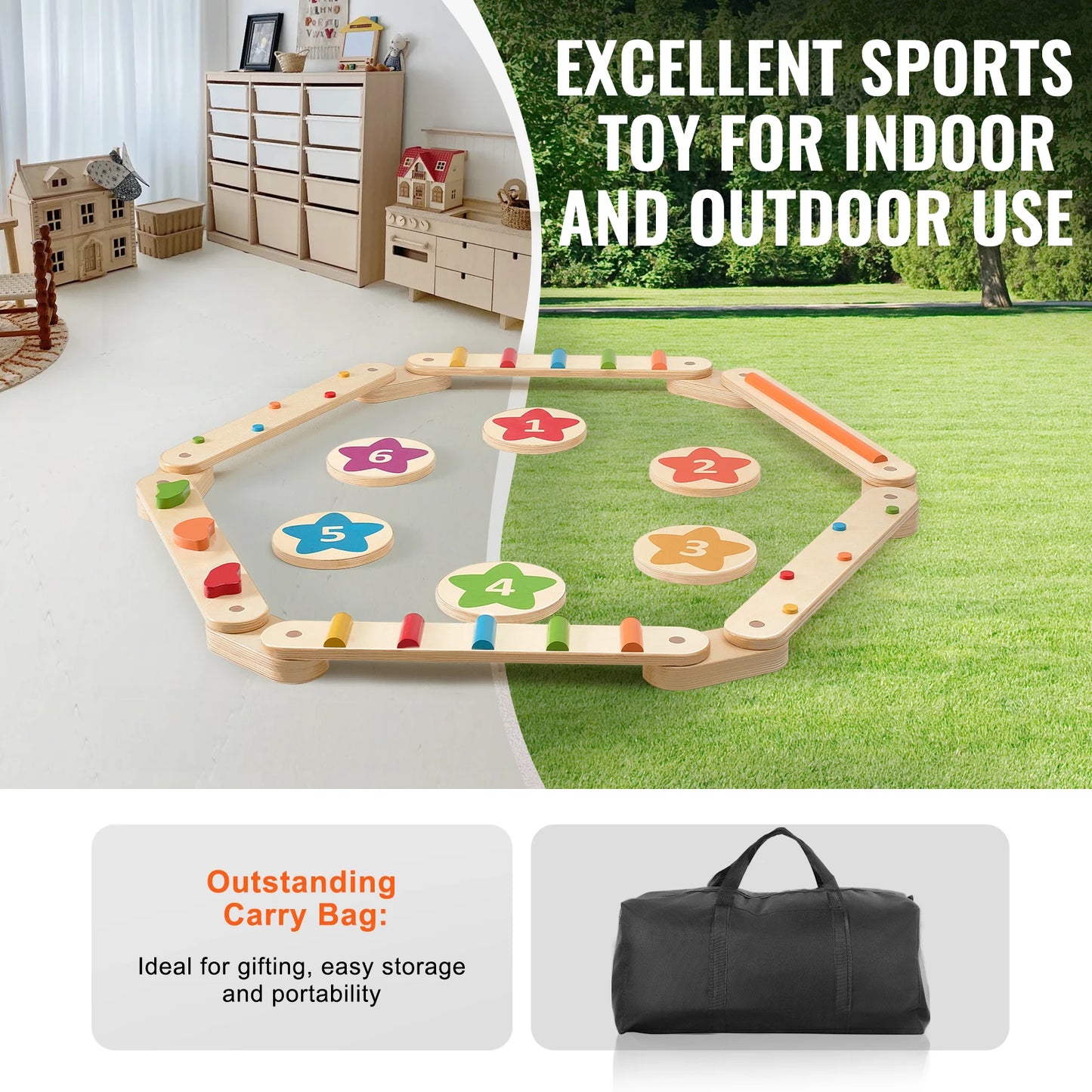 SucceBuy 6 PCS Balance Beam Stepping Stones Indoor Outdoor Wooden Toddler Balance Boards for Kids 2-6 Children Montessori Toy