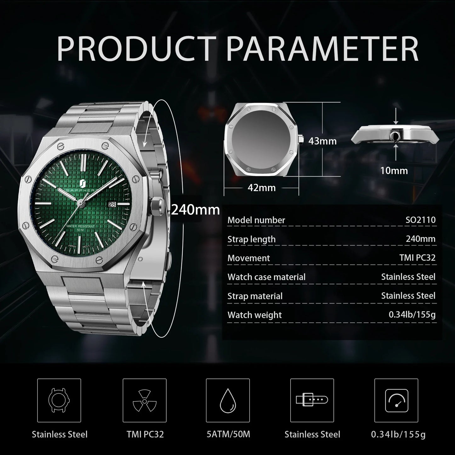 SAPPHERO Men Analog Watch Stainless Steel Quartz Movement Date 50M