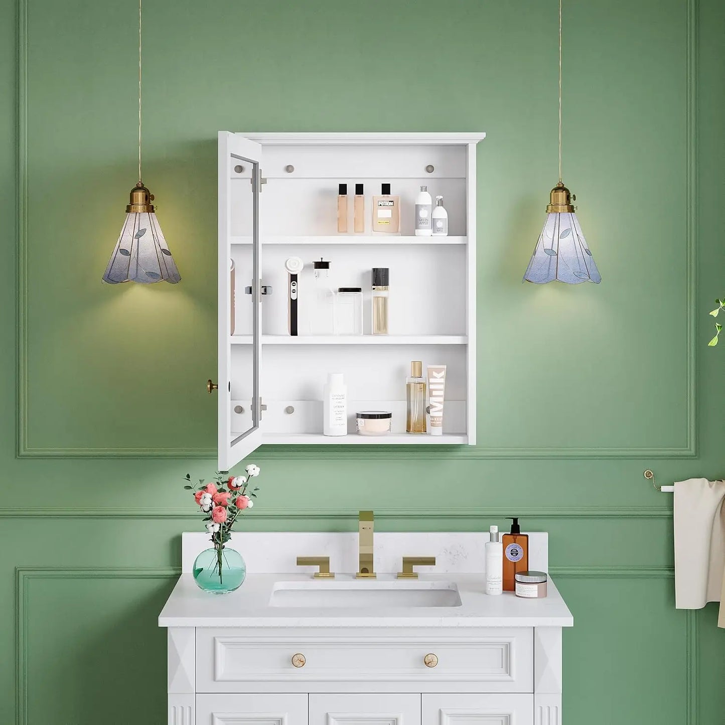 Wooden Wall Mounted Medicine Cabinet With Mirror And Three Tiers