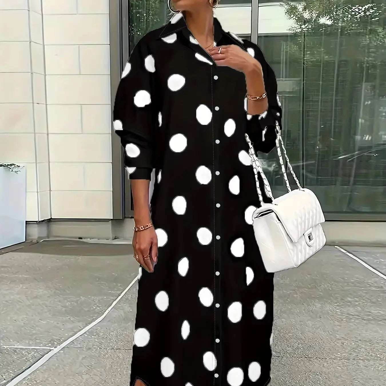 Women Polka Dot Lapel Single Breasted Midi Shirt Dress