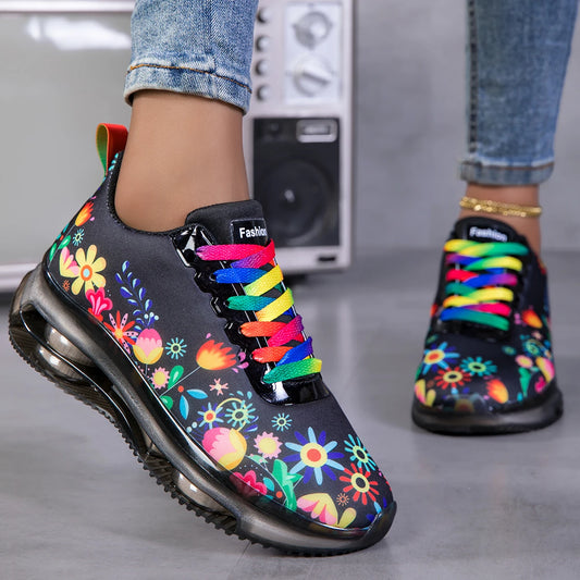 Women Floral Print Air Cushion Sneakers Colorful Rainbow Laces Breathable Lightweight Shock Absorb Non Slip Lace Up Running Shoes Fashion Outdoor Gym Casual Sports Footwear 2026 New