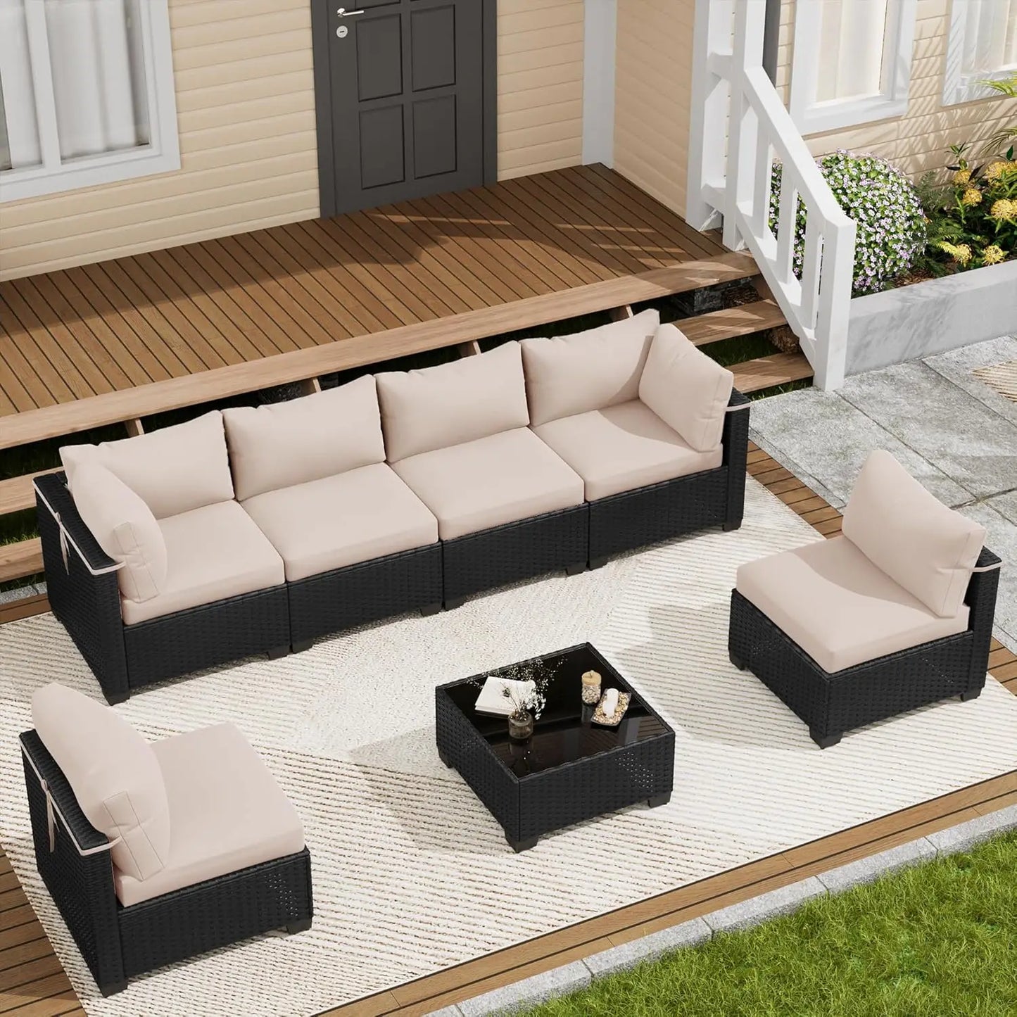7 Piece Outdoor Patio Furniture Set, Outdoor Sectional Sofa, Wicker Rattan Patio Furniture, Patio Conversation Set with, Custom