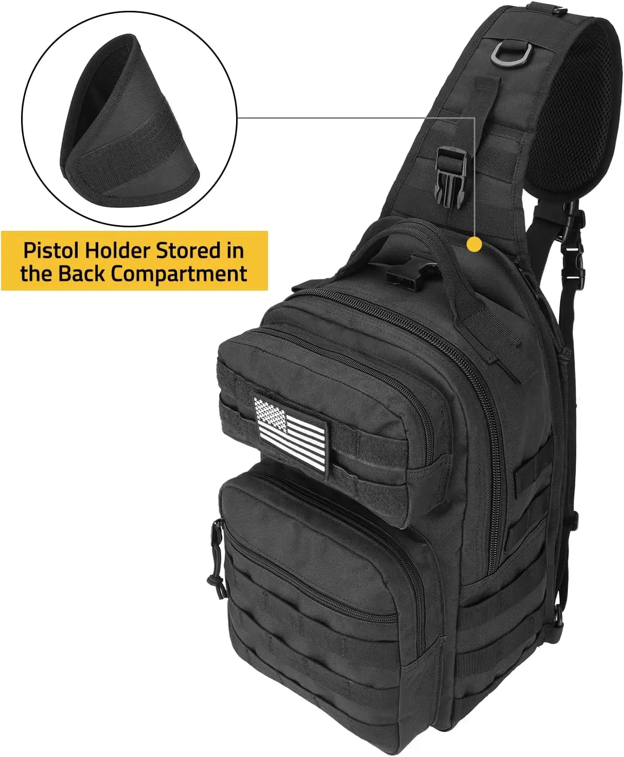 Tactical Sling Bag for Men, Detachable Molle Backpack with Bottle Holder, Hidden Pocket, EDC Hiking Daypack, Black