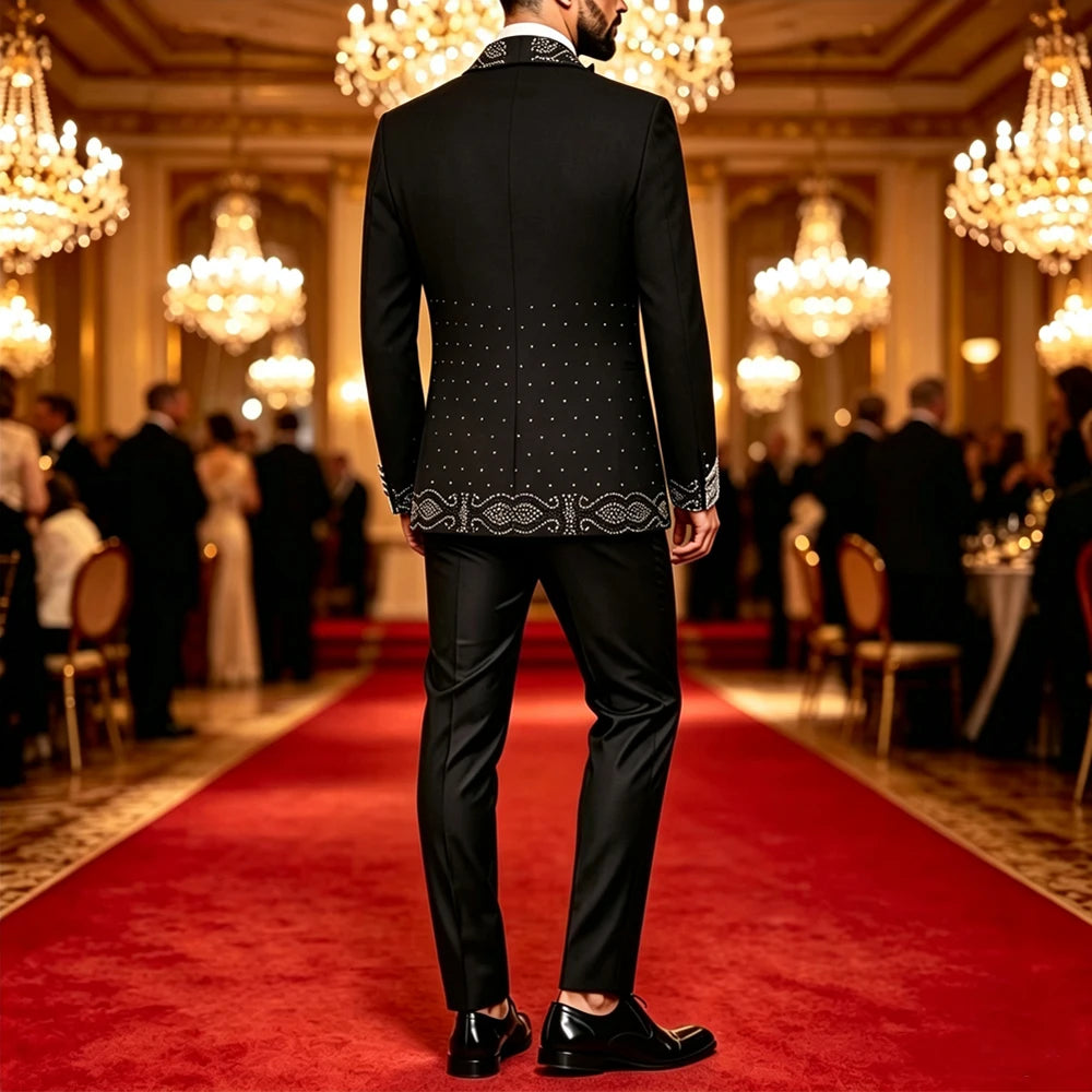 Men Black 2 Pieces Tuxedo Suit Silver Rhinestone Embroidery Shawl Lapel Double Breasted Blazer Pants Set Wedding Groom Prom Party Formal Suit