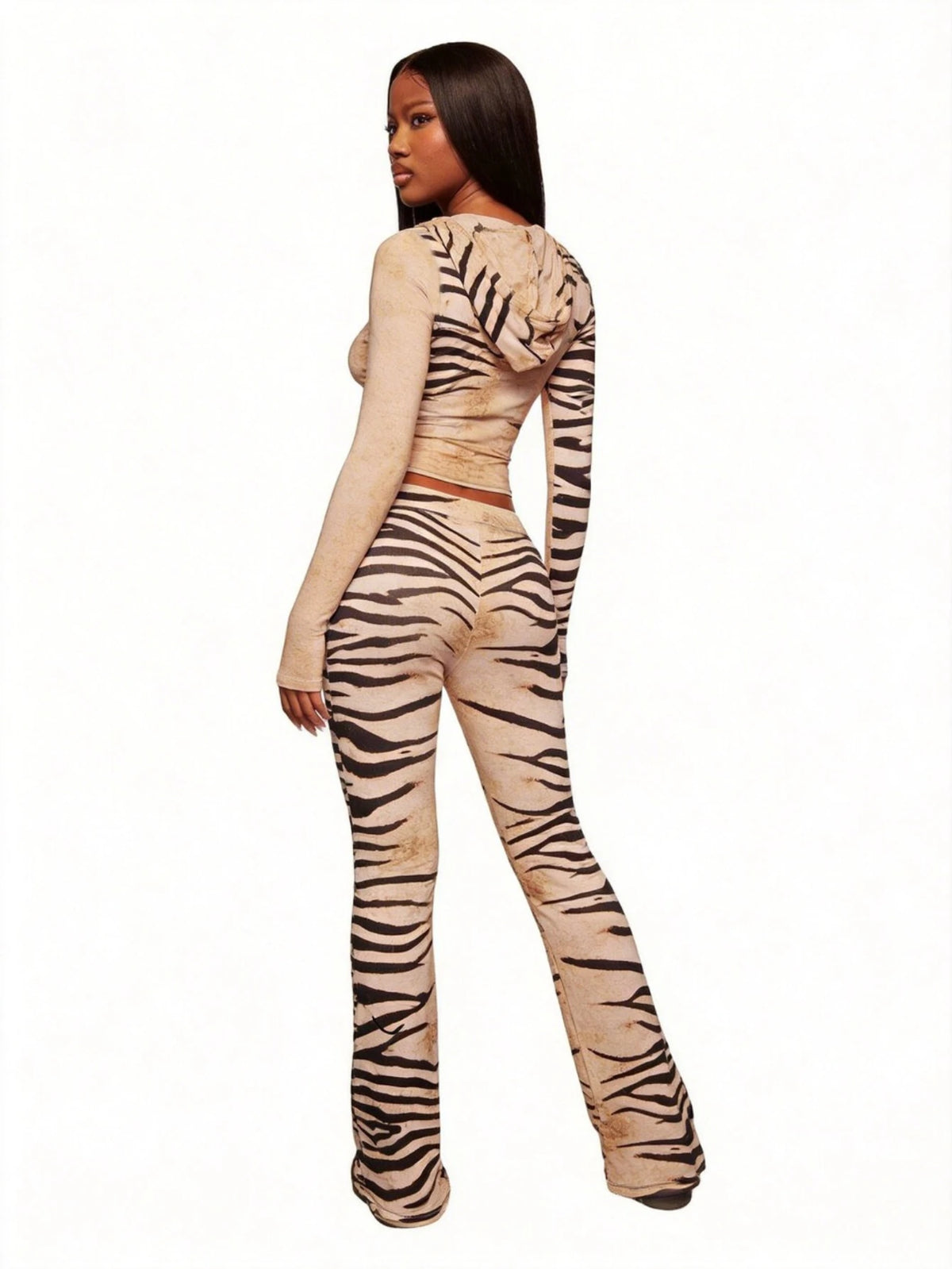 Women's Long Sleeve Zip V Neck Crop Top + Flare Pants Set, Vintage Zebra Print Slim Fitted Fashion Two‑piece Matching Outfit