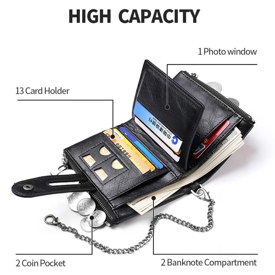 Men's Chain Wallet RFID Anti-Theft Men's Retro Leather Wallet Double Zipper Coin Purse Credit Card Holder for Men and Women