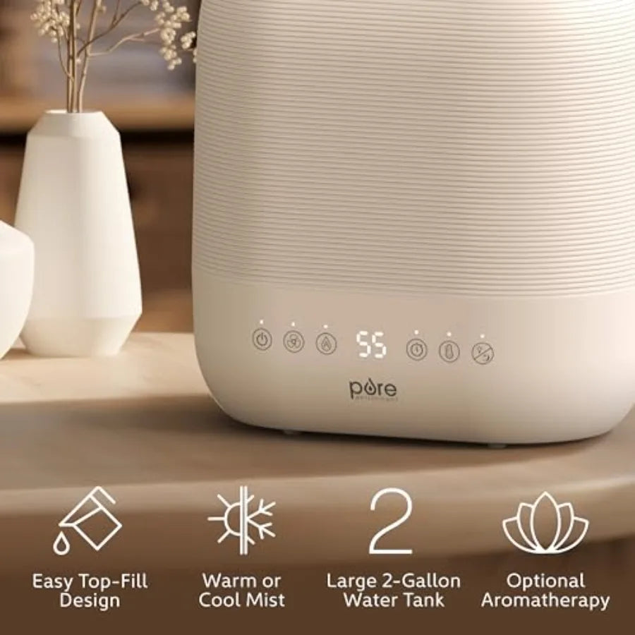 Home use humidifier, ABS plastic, white, top-fill design with warm cool mist, 2-gal tank, up to 4.5 days runtime, auto humidity