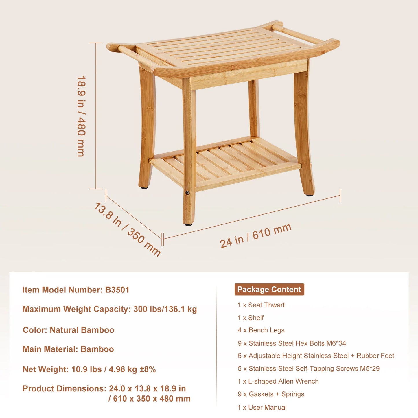 SucceBuy Bamboo Shower Bench With Storage Shelf 330lb Capacity