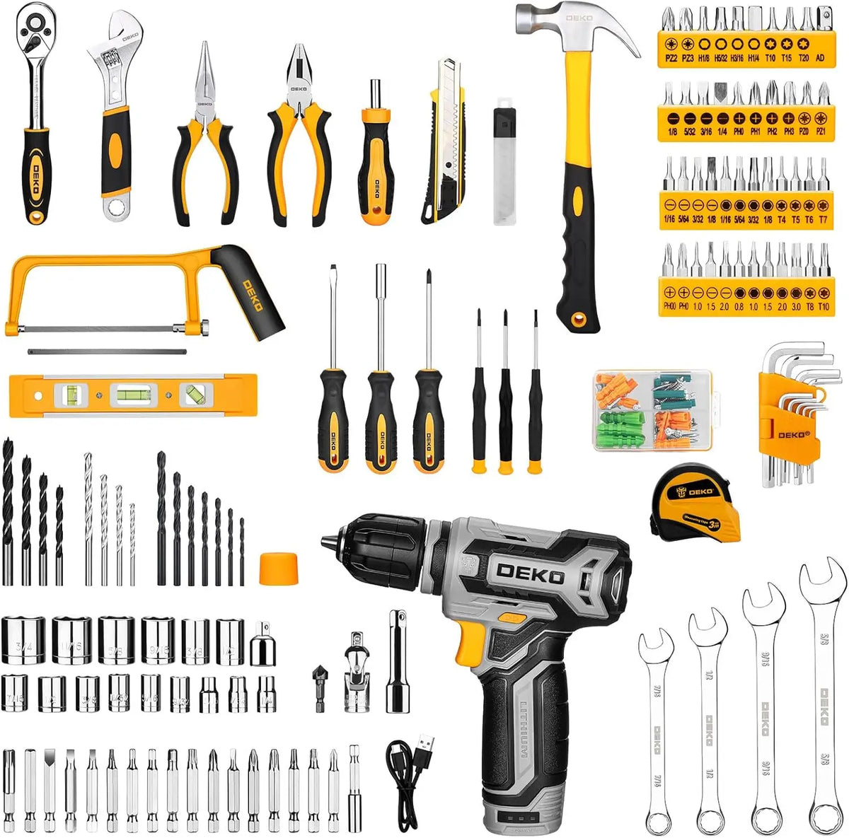 DEKO Cordless Drill Toolbox and Household Repair Tool Set