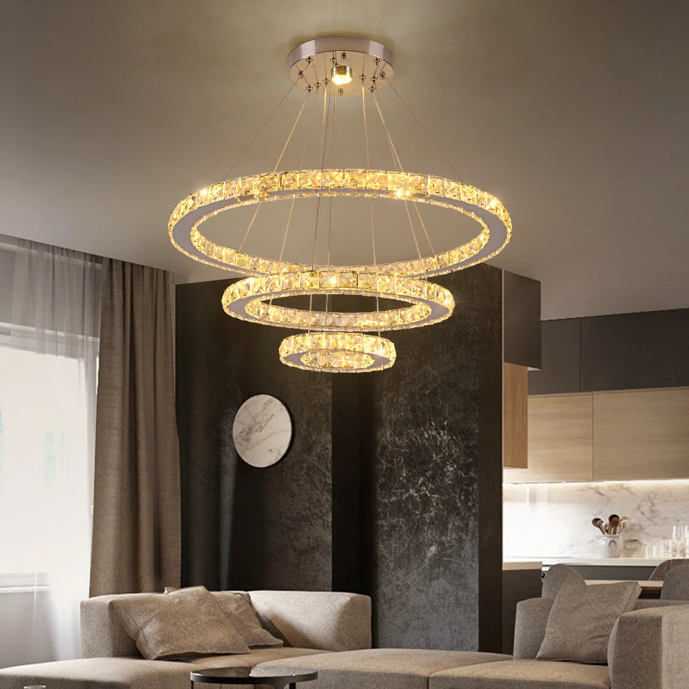 GreeLustr Modern Crystal Led Pendant Light With Dimmable Rings