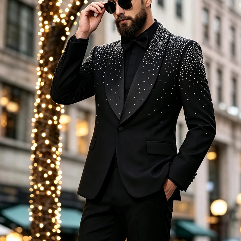 Men's 2-Piece Double-Breasted Shawl Lapel Suit Set - Slim Fit Polyester Silky Wrinkle-Resistant Handmade Tuxedo with Rhinestone Beads, Jacket & Dress Pants for Weddings, Party Wea
