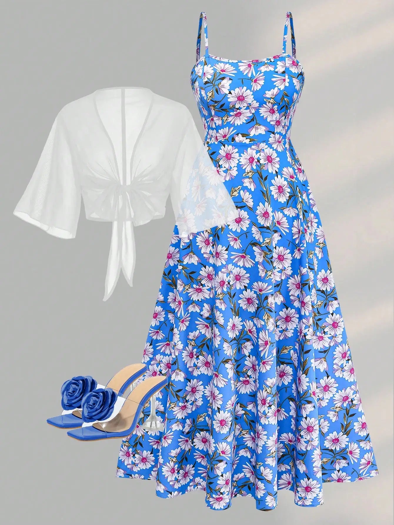 2 Pieces Women's Floral Chiffon Dress Elegant Romantic Date Outfit Spring Summer