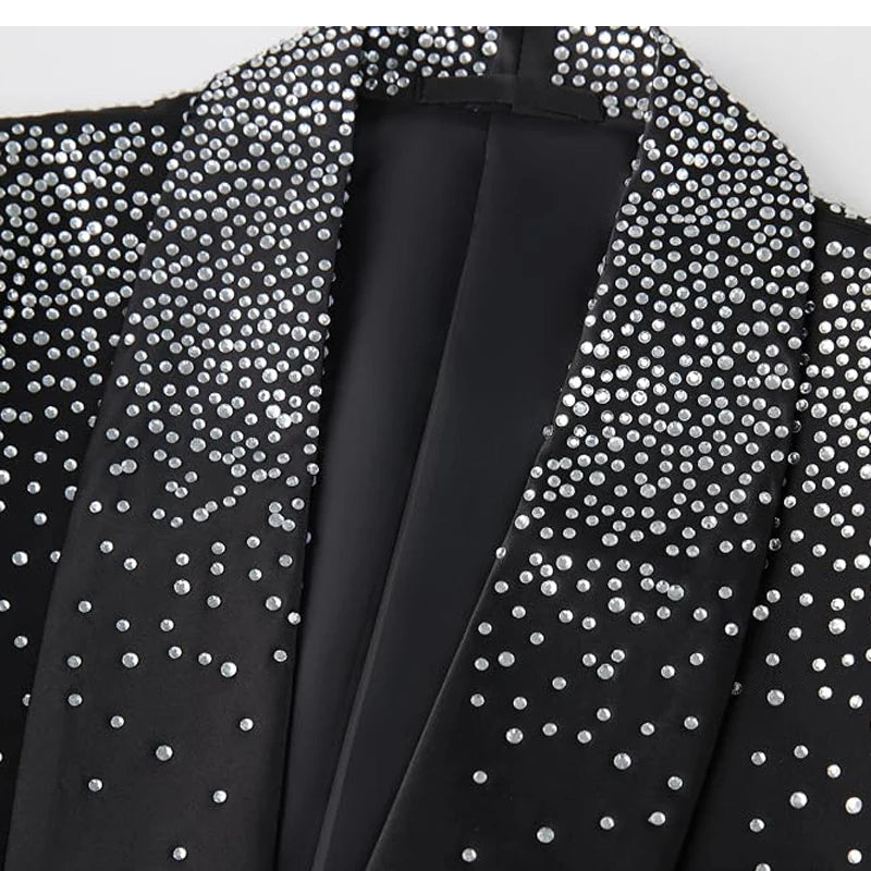 Men's 2-Piece Double-Breasted Shawl Lapel Suit Set - Slim Fit Polyester Silky Wrinkle-Resistant Handmade Tuxedo with Rhinestone Beads, Jacket & Dress Pants for Weddings, Party Wea