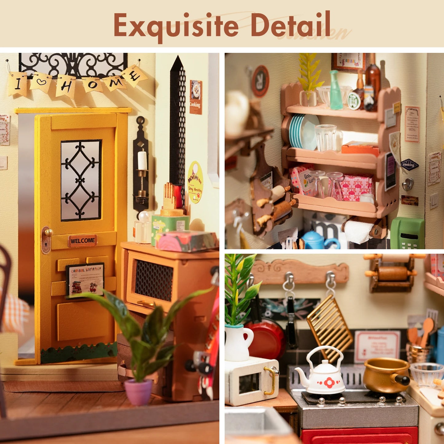 Rolife DIY Miniature House Kit Cozy Kitchen 3D Wooden Puzzle Dollhouse Building Model Kit for Home Decor Gift for Adults Friends