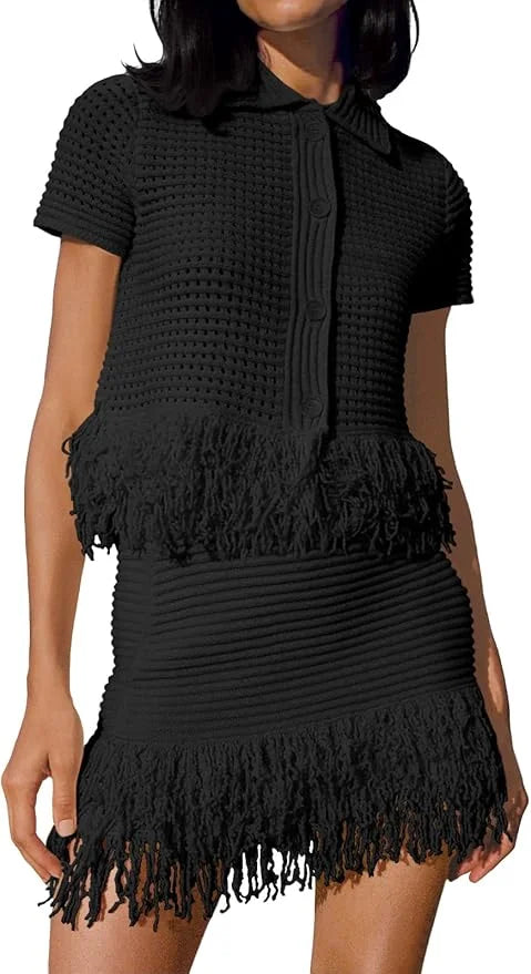 Fisoew Womens 2 Piece Crochet Outfits Short Sleeve Button Knit Sweater Tops Fringe Skirt Summer Vacation Sets Beach Cover Ups