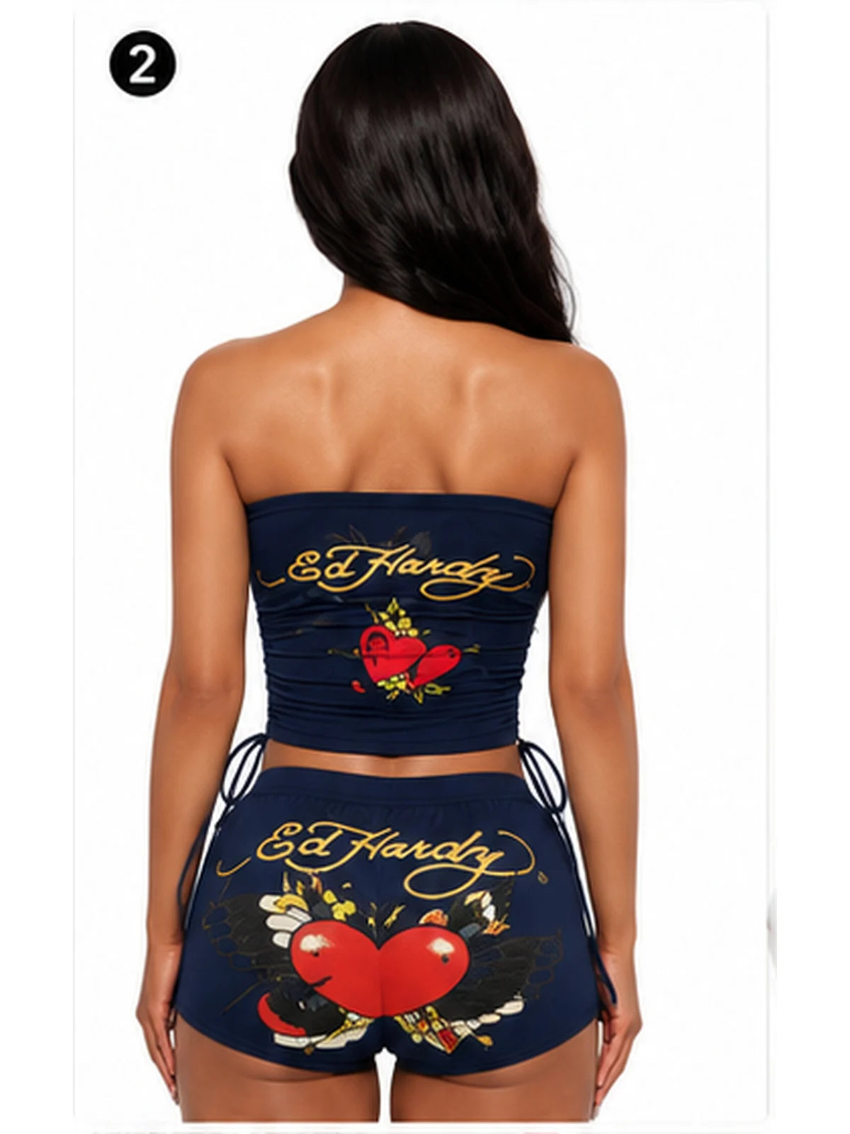 English: Women 2 Piece Y2K Outfits Vintage Tattoo Graphic Strapless Tube Top High Cut Shorts Set Adjustable Drawstring Ruched Crop Top Casual Going Out Tracksuit