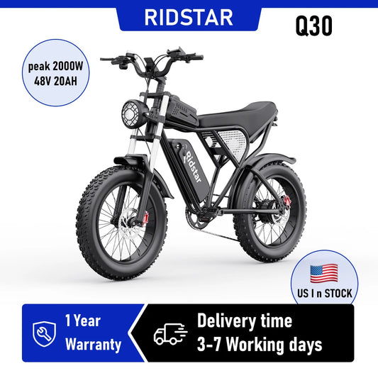 RIDSTAR Q30 Electric Bike for Adults E-Bike 2000W 48V 20AH 20" Fat Tire Electric Dirt Bike Bicycle UL2849  for Mountains Road