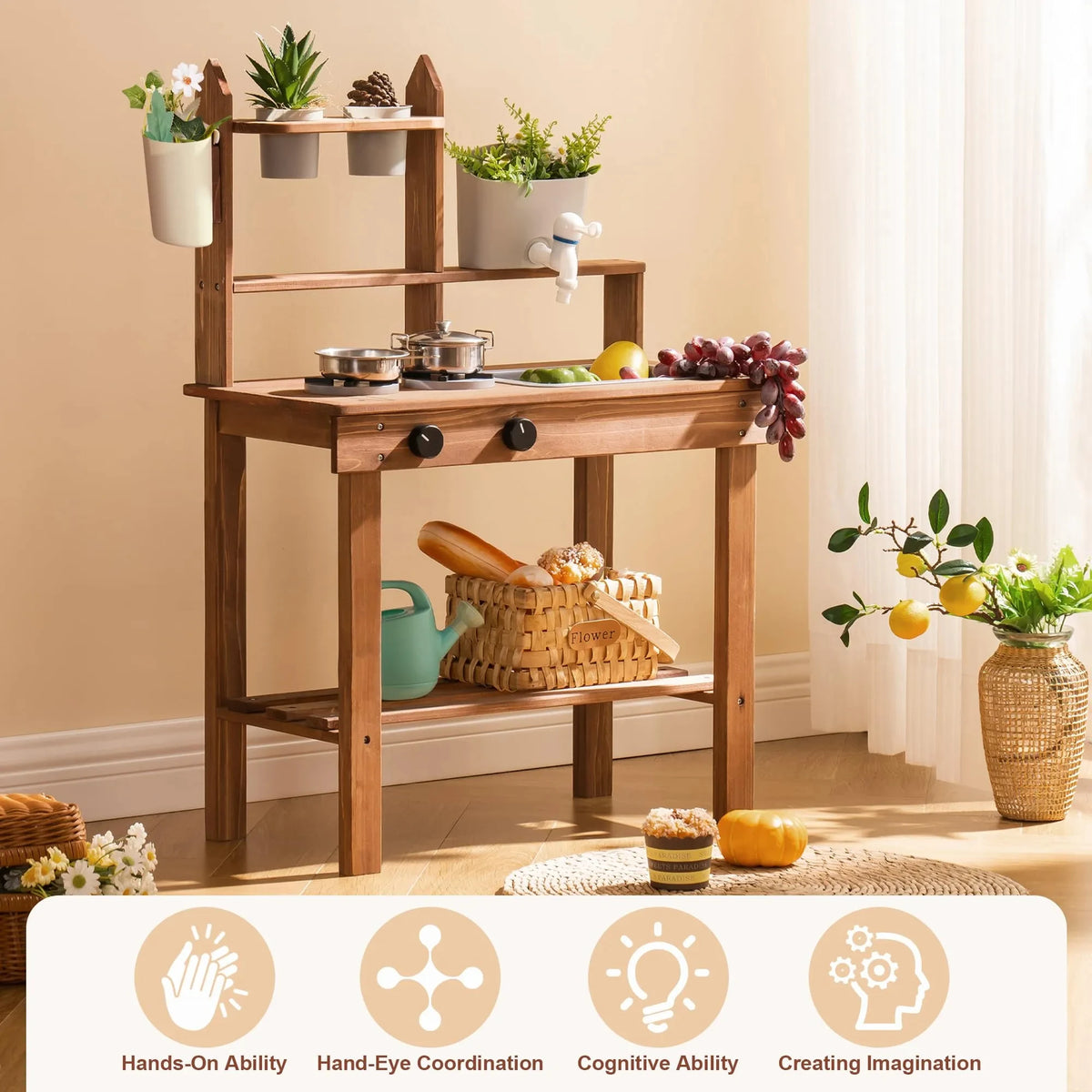 Robud Wooden Outdoor Mud Kitchen with Sink Stoves Gardening Tools Realistic Backyard Fun Unique Birthday Gift for Ages 3+