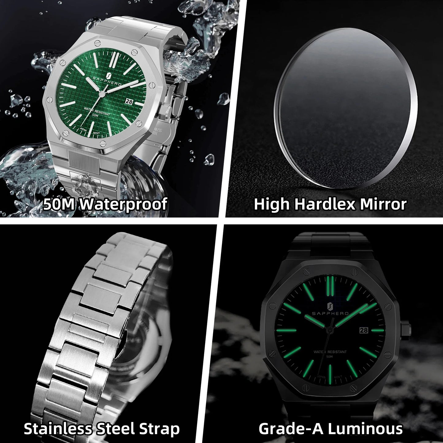 SAPPHERO Men Analog Watch Stainless Steel Quartz Movement Date 50M