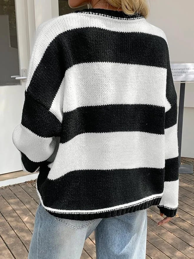 Fisoew Womens Oversized Sweaters Casual Long Sleeve Striped Color Block Crewneck Knitted Loose Fall Pullover Tops